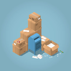 Vector isometric mail delivery concept illustration. Stacks of parcel boxes of different sizes, letters, mail office box, open box, adhesive tape and paper knife.