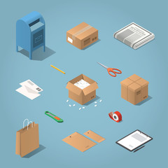 Isometric vector postal delivery objects set. Illustration of mailbox, cardboard box, newspaper, letters, open box with filler, shopping bag, envelopes, paper on tablet, knife, adhesive tape, scissors
