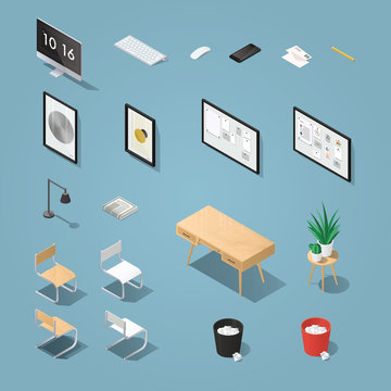 Isometric office furniture and computer set. Detailed objects. Collection includes mid century table, chair, painting, picture, board, lamp, chair, houseplants, desktop computer, keyboard, phone.