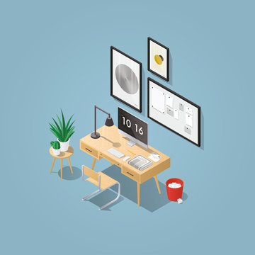 Isometric vector home office concept illustration. Workplace interior set: mid century office table, modern chair, pictures, board, home plants, desktop computer, lamp, trash can, letters, keyboard.