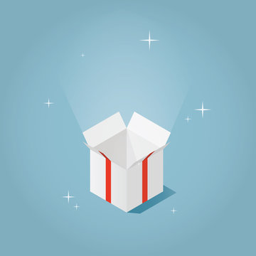 Isometric Vector Present Box Illustration. The Christmas Or Birthday Surprise Concept. Isometric Opened Gift Box With Bow, Red Ribbon And Sparkles.