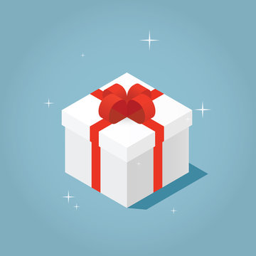 Isometric vector present box illustration. The christmas or birthday surprise concept. Isometric gift box with bow, red ribbon and sparkles.