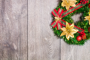 Christmas background with festive decoration and toys.On white wood surface.