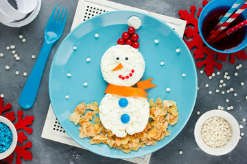 Funny edible snowman for breakfast - Christmas and New Year fun food