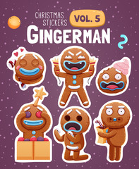 Set of christmas stickers with expressive gingerbread man cookies.