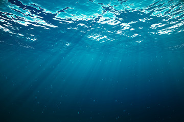 3d rendering underwater with sunrays and in deep tropical sea.