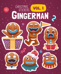 Set of christmas stickers with expressive gingerbread man cookies.