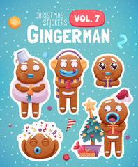 Obraz na płótnie Canvas Set of christmas stickers with expressive gingerbread man cookies.