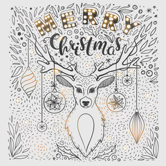 Christmas card with deer and hand drawn lettering. Vector greeting card for Christmas with deer, floral elements and lettering. 