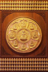 Groups of Buddha statue, stucco on chinese temple wall in Dragon Temple Kammalawat (Wat Lengnoeiyi) in Nonthaburi, Thailand