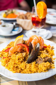 paella with seafood and meat