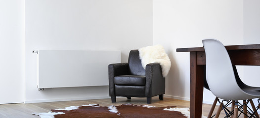 Armchair destroyed by a cat in a white loft
