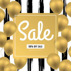 Sale banner. Golden Shining Luxury Balloons on Background with Black Hand Drawn Stripes and Gold Square Frame. Seasonal sales. Space for your text. Sales poster, flyer, template, design, label, badge.