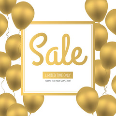 Sale Flyer. Golden Luxury Balloons on White  Background with White and Gold Square Frame. Seasonal sales. Space for your text. Vector sales poster, flyer, template, tag, label, badge, design.