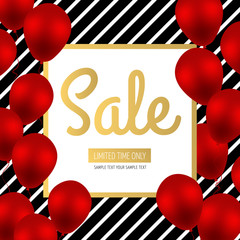 Sale Design. Red Luxury Balloons on White Background with Stripes and Trendy Square Frame. Seasonal sales. Space for text. Vector sales poster, flyer, template, tag, label, badge, banner, design.