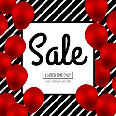 Sale Banner Template Design with Red Shining Balloons. This Weekend Special Offer flyer. Vector poster on Black Striped Background with White Square Frame. Seasonal sales. Space for your text.