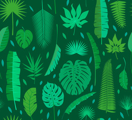 Beautiful seamless tropical jungle floral pattern background with different palm leaves. Vector illustration.
