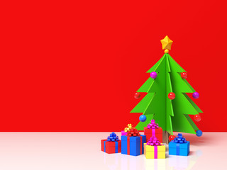 Decorative christmas paper cartoon style tree, balls toys, golden star with several present gifts boxes on red background. Happy new year holiday theme. 3d illustration