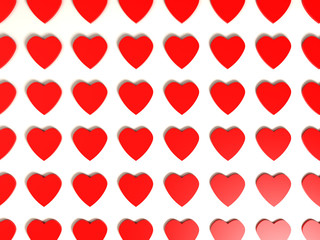 Red 3d heart pattern with light effect. Valentine's day theme on white background. Image for holiday, amour, dating, couple, lovers fondness. 3d illustration