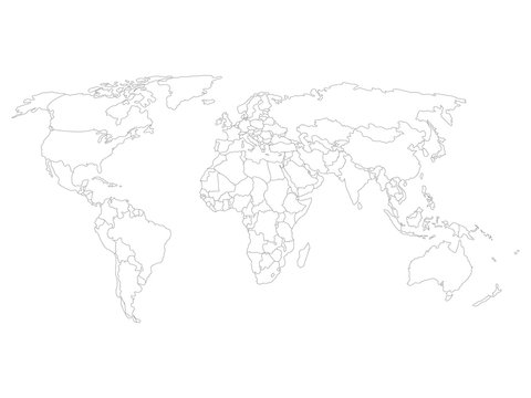Blank map of World with thin black smooth country borders on white background. Simplified flat vector illustation.