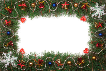 Fototapeta na wymiar Christmas frame made of fir branches decorated with bells and balls isolated on white background