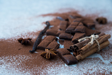 Chopped chocolate with cocoa, cinnamon and vanilla stick