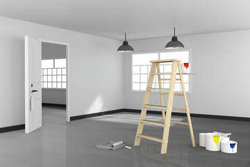 3D rendering : illustration of repair ladder for painter of wall painting.decoration your home concept.re-new your home concept.design your interior color of the wall