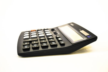 Calculator/ Adding machine (Calculator) solar powered black with colored buttons on white background - 128494833