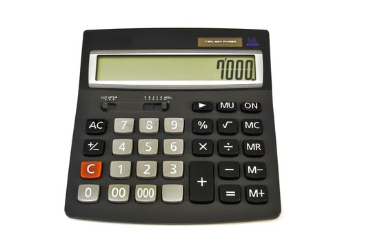 Calculator/ Adding machine (Calculator) solar powered black with colored buttons on white background
