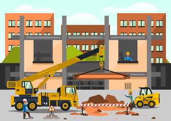 Construction site. Staff working on the construction on the background of the city. Crane car, truck. Dripping, lift, dragged. Work tool. Business, special equipment. Vector illustration