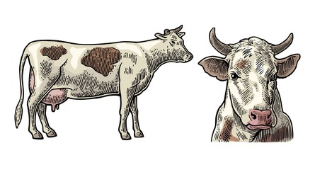Cows. Hand drawn in a graphic style. Vintage vector engraving illustration for info graphic, poster, web. Isolated on white background.