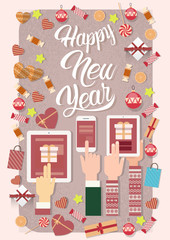 Hands Hold Device Electronics Gadget New Year Laptop Phone Tablet Christmas Gift Decoration Vector Illustration