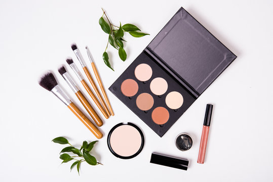 Professional Makeup Tools, Flatlay On White Background