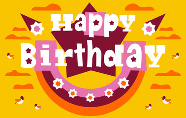 Obraz premium Greeting card with happy birthday. The letters in the clouds and a rainbow. Starfall, fireworks, flying birds. Designed for printing greetings and invitations. Vector illustration. Flat style