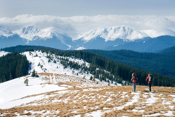 A group of tourists with backpacks are walking and admiring the