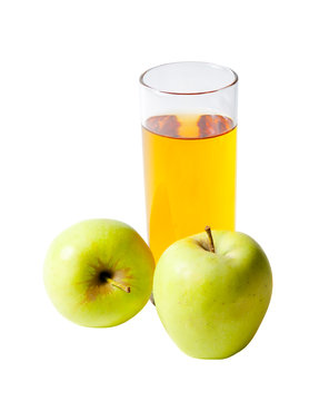 Apple juice in glass and fresh apples isolated on white background