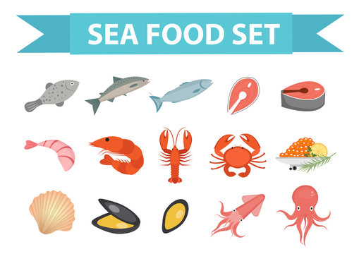 Seafood icons set vector, flat style. Sea food collection isolated on white background. Fish products illustration, design element