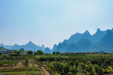 The karst mountains scenery with blue sky 
