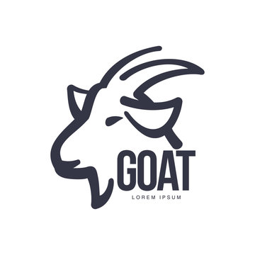 Side view goat head logo template for meat and dairy products, cartoon vector illustration on white background. Goat profile outline for dairy, meat, farm products logo design