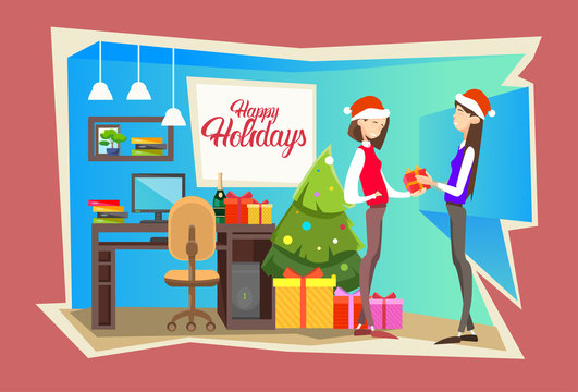 Businesspeople Celebrate Merry Christmas And Happy New Year People Group Santa Hat Flat Vector Illustration