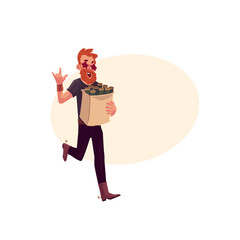 Young hipster in star glasses and cowboy boots hurrying to party with a bag of beer bottles, cartoon vector illustration isolated with space for text. Red haired party animal having fun at the party