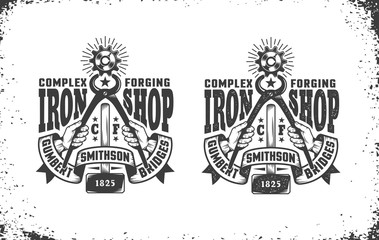 Smithy, workshop logo in vintage retro style. Hands holding pliers gripping cogwheel, forging hammer, retro ribbon. Vector layered illustration. Easy to edit.