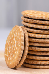Stacked chocolate biscuits with copy space