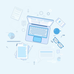 Workplace Desk Laptop Computer Notebook Coffee Top Angle View Vector Illustration
