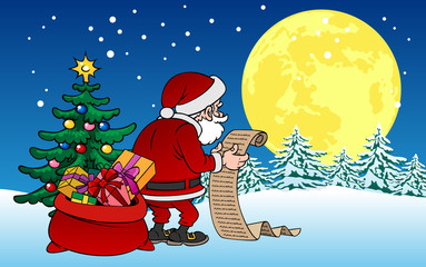 Santa Claus character with gifts on the christmas background
