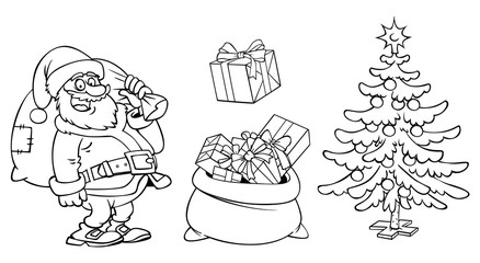 coloring Santa Claus character, a bag with gifts and christmas t