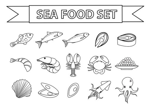 Sea food icons set vector. Modern, line, doodle style. Seafood collection isolated on white background. Fish products illustration, design element