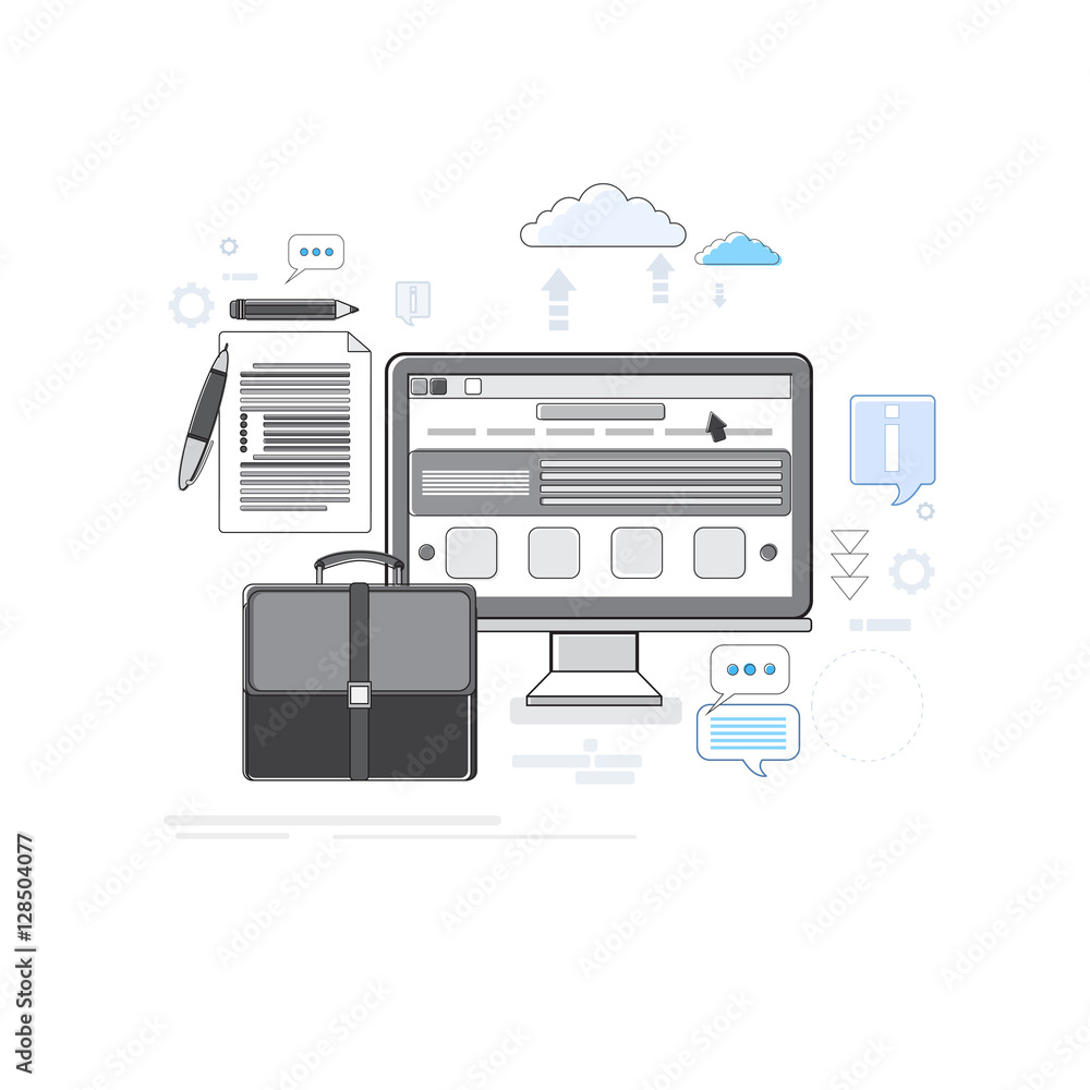 Poster computer case with document contract business thin line vector illustration