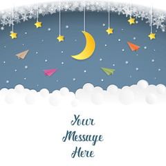 Night background with moon, stars hanging and paper plane, vector illustration