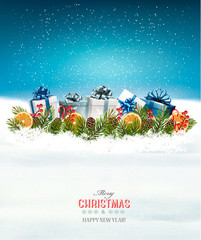 Holiday Christmas background with a border of gift boxes and bra